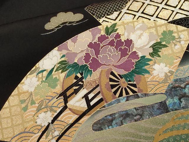 平和屋着物■豪華黒留袖 作家物 駒刺繍 流水地紙花車文 暈し染め 金銀彩 正絹 逸品 CABF9600ev