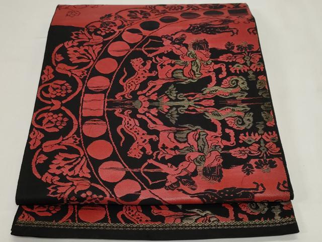 平和屋着物◎六通柄袋帯 狩猟文 黒地 金糸 正絹 逸品 CABF9678ev