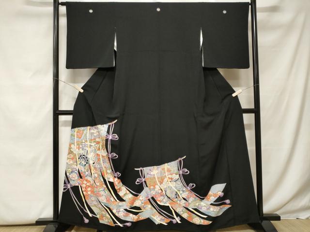 平和屋着物■豪華黒留袖 駒刺繍 御所車飛鶴几帳花文 金彩 正絹 逸品 CABF9787ev