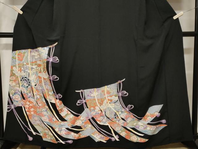平和屋着物■豪華黒留袖 駒刺繍 御所車飛鶴几帳花文 金彩 正絹 逸品 CABF9787ev