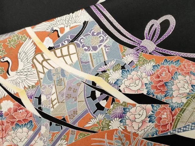 平和屋着物■豪華黒留袖 駒刺繍 御所車飛鶴几帳花文 金彩 正絹 逸品 CABF9787ev