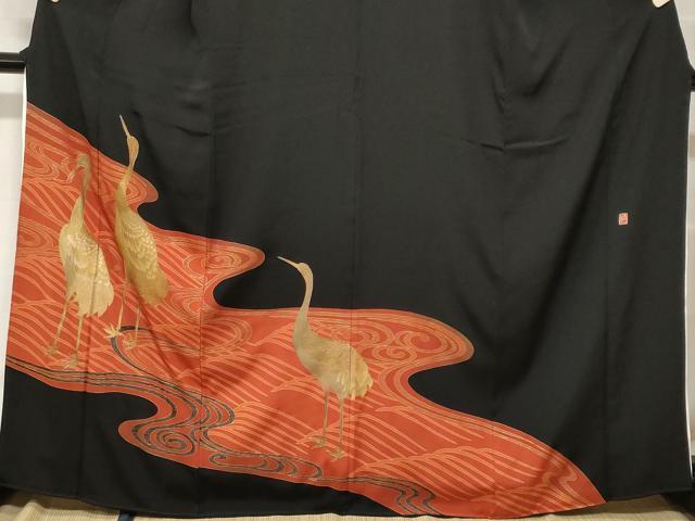 平和屋着物■豪華黒留袖 作家物 流水群鶴文 金彩 正絹 逸品 CABF9792ev