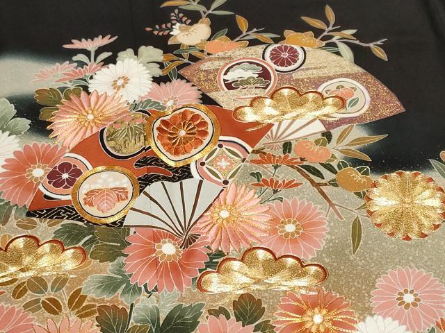 平和屋着物■豪華黒留袖 作家物 駒刺繍 籬流水扇面花丸文 暈し染め 金彩 正絹 逸品 CABF9793ev