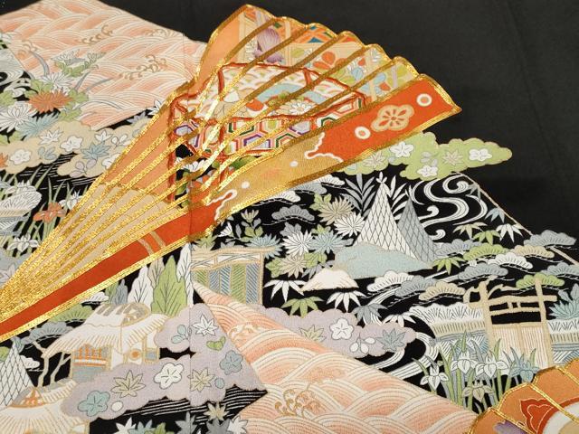 平和屋着物■豪華黒留袖 駒刺繍 檜扇御所解文 金彩 正絹 逸品 CABF9804ev