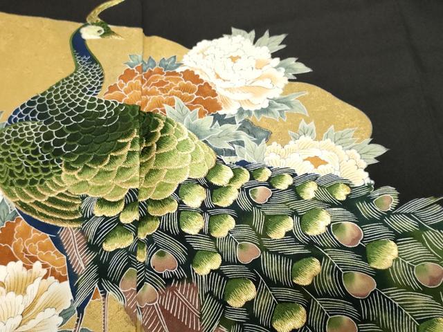 平和屋着物■豪華黒留袖 刺繍 孔雀花文 金彩 正絹 逸品 CABF9814ev