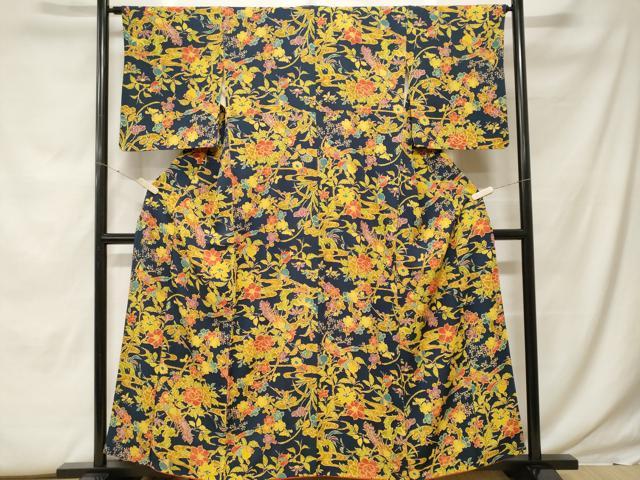平和屋着物■上質な小紋 型染め 孔雀枝花文 鬼しぼ縮緬 正絹 逸品 CABF9868ev