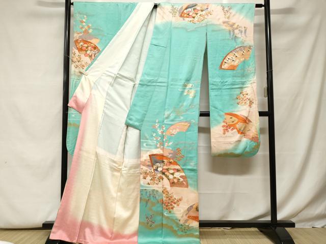 平和屋着物■豪華振袖 駒刺繍 地紙風景文 暈し染め 金銀彩 正絹 逸品 CABF9949ev