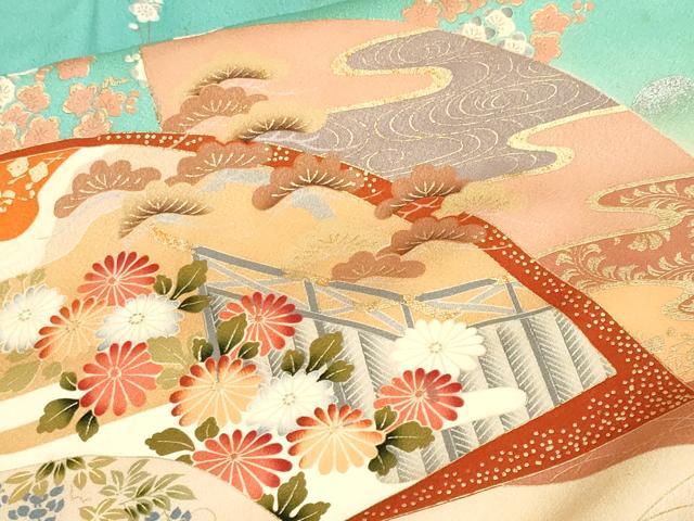 平和屋着物■豪華振袖 駒刺繍 地紙風景文 暈し染め 金銀彩 正絹 逸品 CABF9949ev