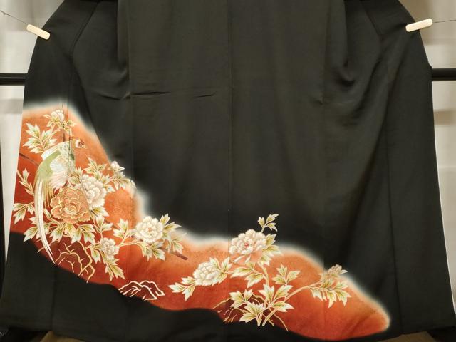 平和屋着物■豪華黒留袖 刺繍 尾長鳥枝花文 暈し染め 金彩 正絹 逸品 CABF9991ev