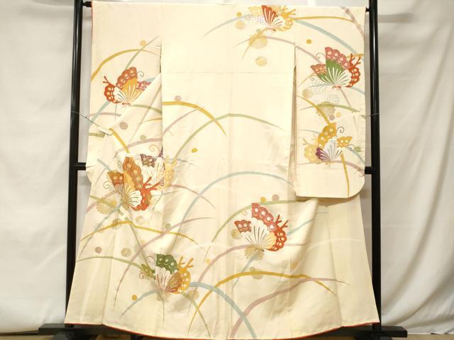 平和屋着物■豪華振袖 駒刺繍 露芝花蝶文 金銀彩 正絹 逸品 CABF9997ev