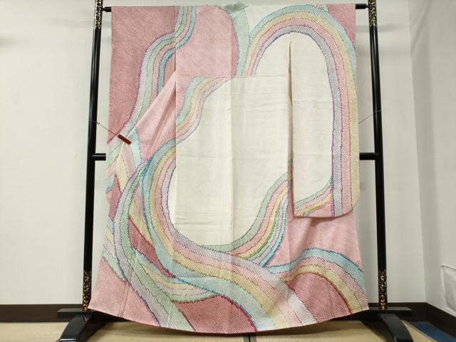 平和屋着物●豪華振袖 総絞り よろけ縞 正絹 逸品 CABG0032yc