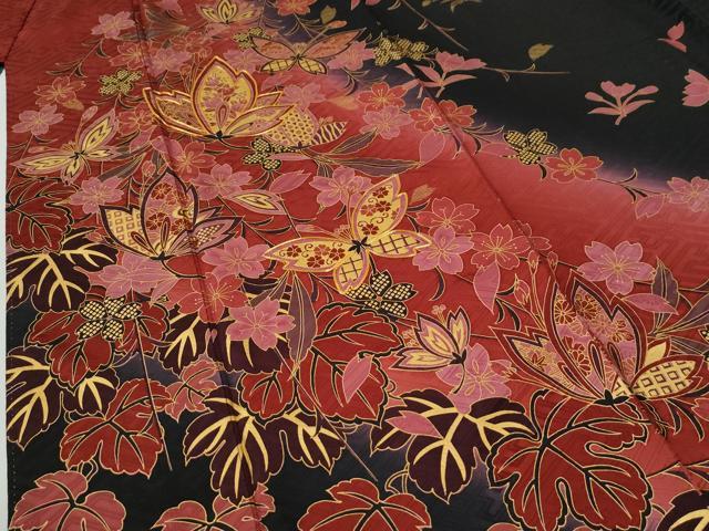 平和屋着物●豪華振袖 駒刺繍 花蝶文 暈し染め 黒地 金彩 正絹 逸品 CABG0042yc