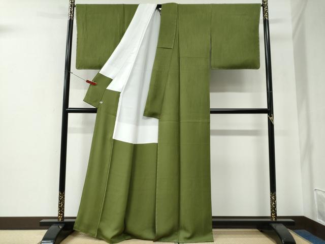 平和屋着物●上質な色無地 霞地紋 草色 さが美扱い 正絹 逸品 未使用 CABG0063yc