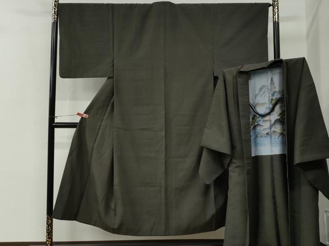平和屋着物●男性 紬 アンサンブル 色無地 藍海松茶色 正絹 逸品 CABG0102yc