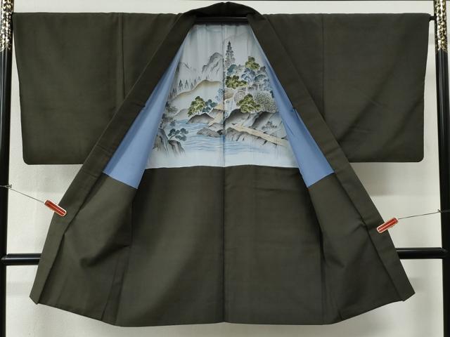 平和屋着物●男性 紬 アンサンブル 色無地 藍海松茶色 正絹 逸品 CABG0102yc