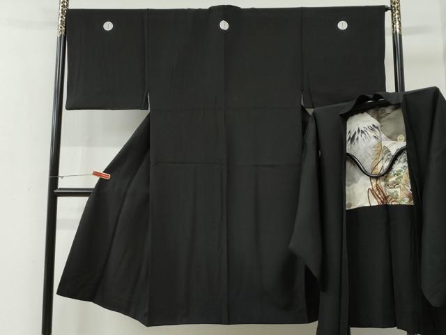 平和屋着物●男性 黒紋付 羽織セット 羽裏:富士・風景文 正絹 逸品 CABG0105yc