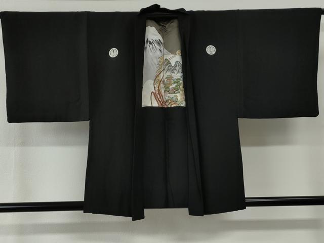 平和屋着物●男性 黒紋付 羽織セット 羽裏:富士・風景文 正絹 逸品 CABG0105yc