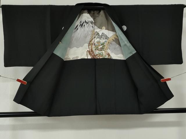 平和屋着物●男性 黒紋付 羽織セット 羽裏:富士・風景文 正絹 逸品 CABG0105yc
