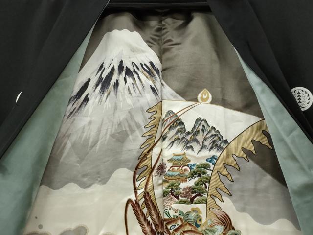平和屋着物●男性 黒紋付 羽織セット 羽裏:富士・風景文 正絹 逸品 CABG0105yc