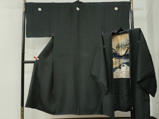 平和屋着物●男性 黒紋付 羽織セット 羽裏:富士・龍 正絹 逸品 CABG0107yc