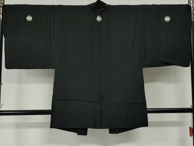平和屋着物●男性 黒紋付 羽織セット 羽裏:富士・龍 正絹 逸品 CABG0107yc