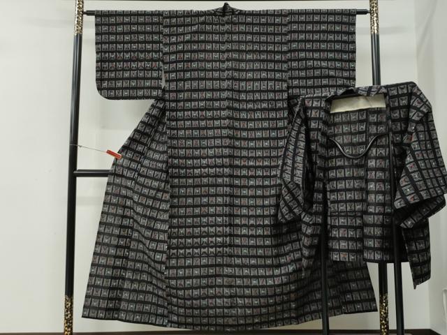 平和屋着物●久留米絣 アンサンブル 単衣 色紙吉祥文 黒地 綿 逸品 CABG0108yc