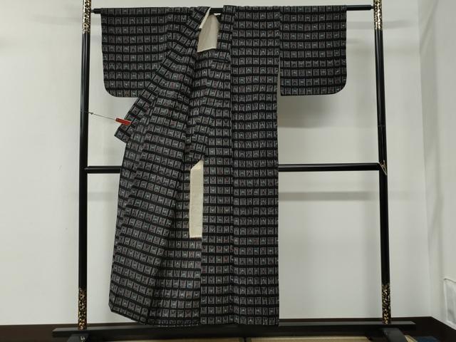 平和屋着物●久留米絣 アンサンブル 単衣 色紙吉祥文 黒地 綿 逸品 CABG0108yc