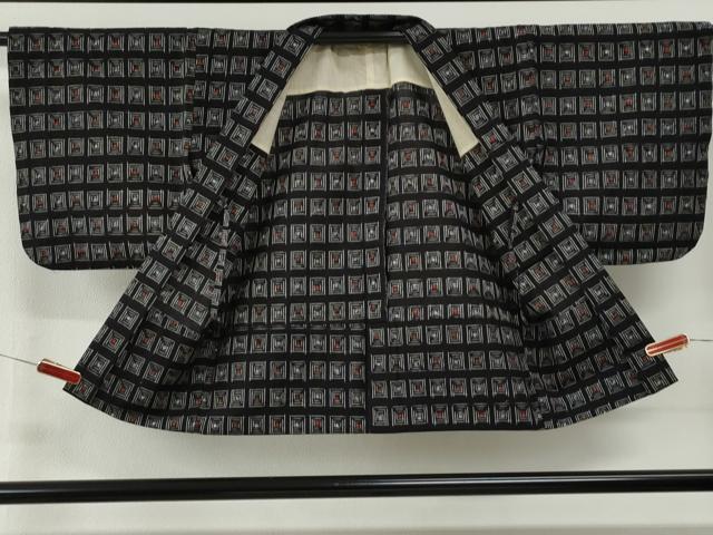 平和屋着物●久留米絣 アンサンブル 単衣 色紙吉祥文 黒地 綿 逸品 CABG0108yc
