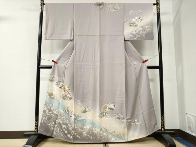 平和屋着物●訪問着 立波地紙鴛鴦鶴草花文 暈し染め 金彩 正絹 逸品 未使用 CABG0113yc