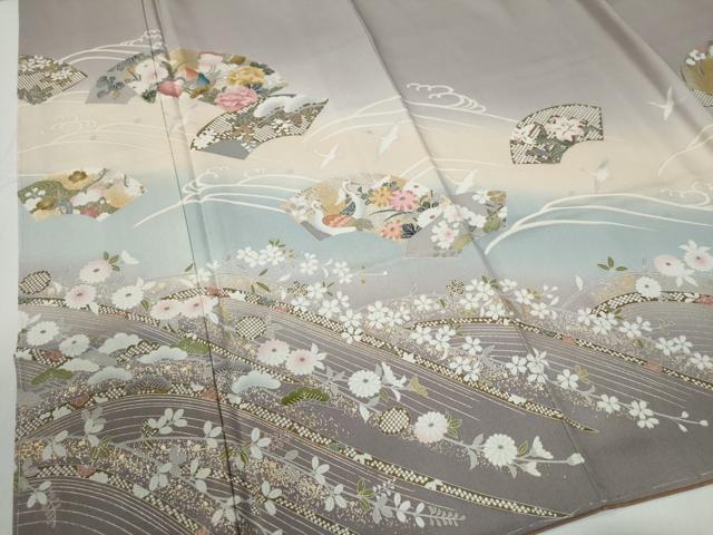 平和屋着物●訪問着 立波地紙鴛鴦鶴草花文 暈し染め 金彩 正絹 逸品 未使用 CABG0113yc