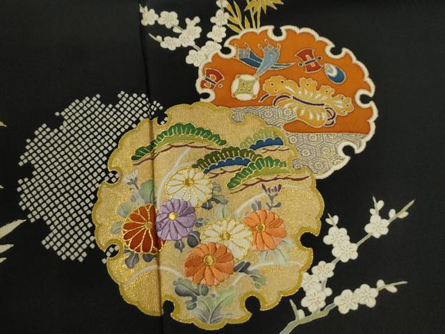 平和屋着物●創業460年・千總 黒留袖 駒刺繍 雪輪松竹梅宝尽くし花文 金彩 三越扱い 正絹 逸品 CABG0119yc