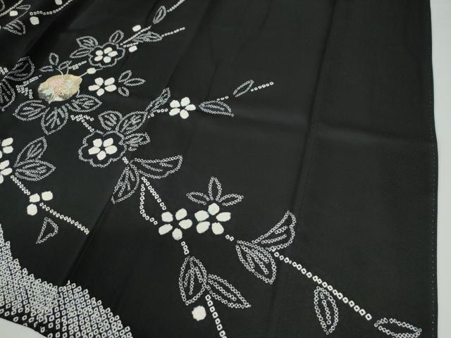 平和屋着物●訪問着 絞り 刺繍 枝花文 黒地 金彩 正絹 逸品 CABG0134yc