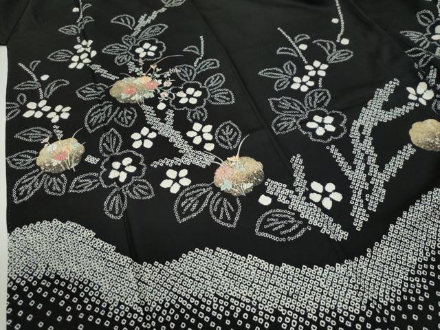 平和屋着物●訪問着 絞り 刺繍 枝花文 黒地 金彩 正絹 逸品 CABG0134yc