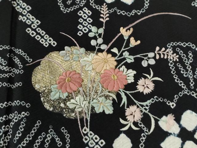 平和屋着物●訪問着 絞り 刺繍 枝花文 黒地 金彩 正絹 逸品 CABG0134yc