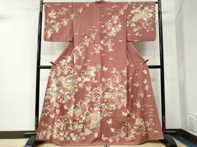 平和屋着物●訪問着 刺繍 扇面吉祥花蝶文 金彩 正絹 逸品 CABG0144yc