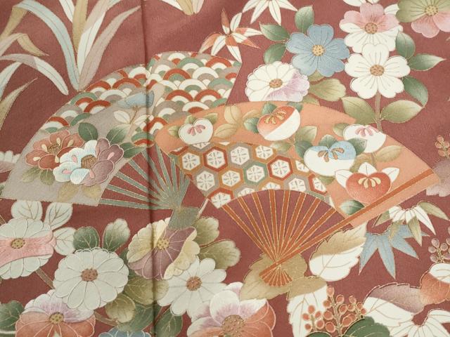 平和屋着物●訪問着 刺繍 扇面吉祥花蝶文 金彩 正絹 逸品 CABG0144yc