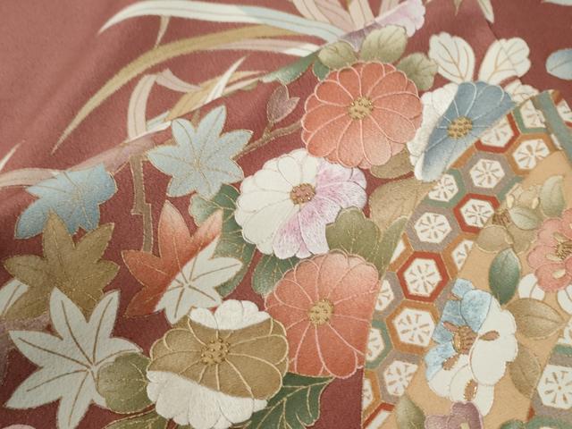 平和屋着物●訪問着 刺繍 扇面吉祥花蝶文 金彩 正絹 逸品 CABG0144yc