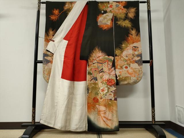 平和屋本店●アンティーク 大正ロマン 振袖 駒刺繍 檜扇御所車花文 暈し染め 黒地 金糸 正絹 逸品 CABG0157yc
