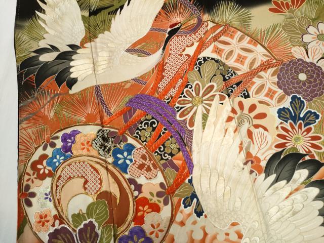 平和屋本店●アンティーク 大正ロマン 振袖 刺繍 浜松鼓飛鶴花文 暈し染め 黒地 金彩 正絹 逸品 CABG0158yc