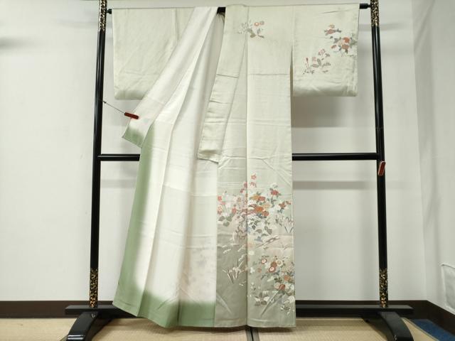 平和屋着物●訪問着 駒刺繍 扇草花文 暈し染め 金彩 正絹 逸品 CABG0176yc