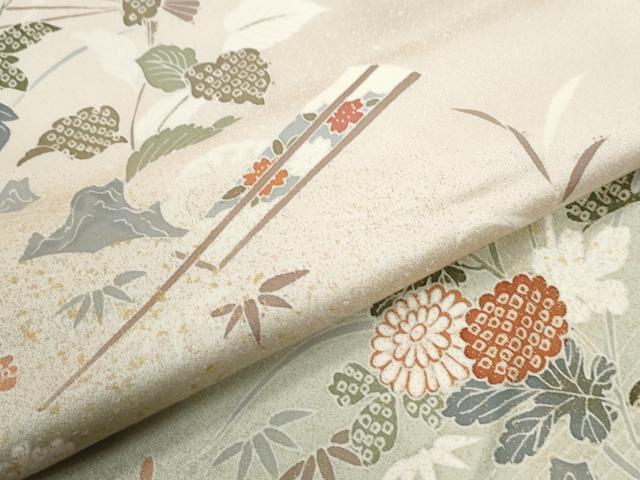 平和屋着物●訪問着 駒刺繍 扇草花文 暈し染め 金彩 正絹 逸品 CABG0176yc