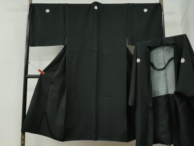 平和屋着物●男性 黒紋付 羽織セット 羽裏:扇・陶器花文 キングサイズ 正絹 逸品 CABG0181yc