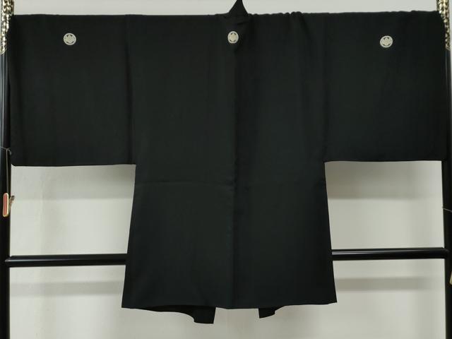 平和屋着物●男性 黒紋付 羽織セット 羽裏:扇・陶器花文 キングサイズ 正絹 逸品 CABG0181yc