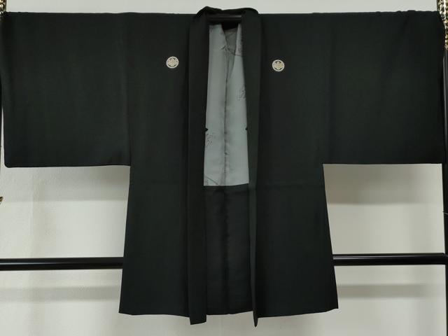 平和屋着物●男性 黒紋付 羽織セット 羽裏:扇・陶器花文 キングサイズ 正絹 逸品 CABG0181yc