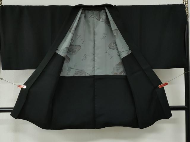 平和屋着物●男性 黒紋付 羽織セット 羽裏:扇・陶器花文 キングサイズ 正絹 逸品 CABG0181yc
