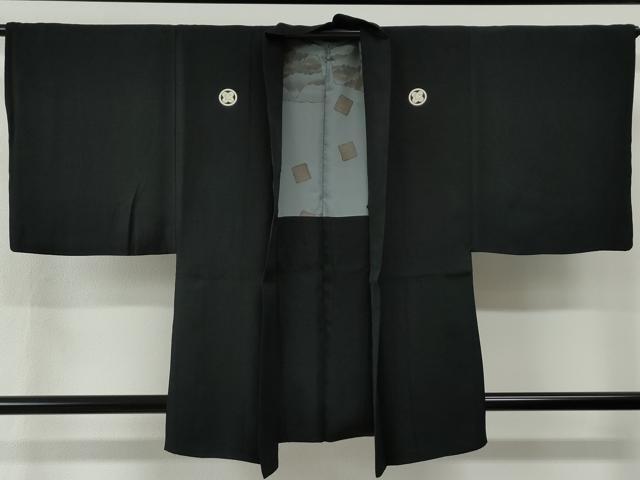 平和屋着物●男性 黒紋付 羽織セット 羽裏:破れ色紙風景文 正絹 逸品 CABG0182yc