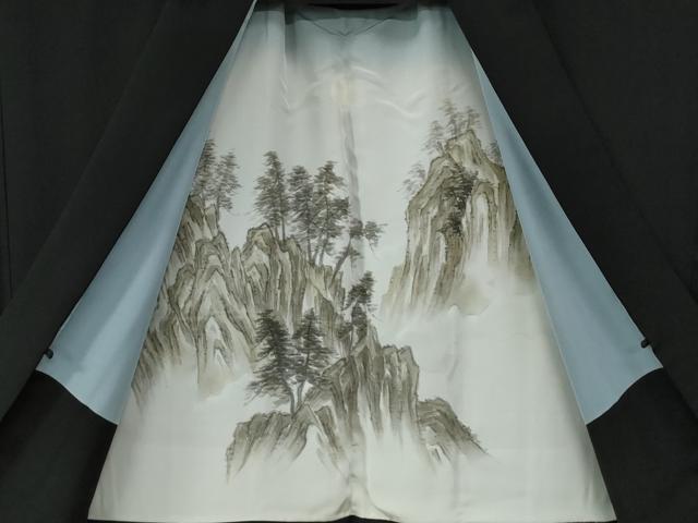 平和屋着物●男性 黒紋付 羽織セット 羽裏:遠山樹林文 正絹 逸品 CABG0183yc