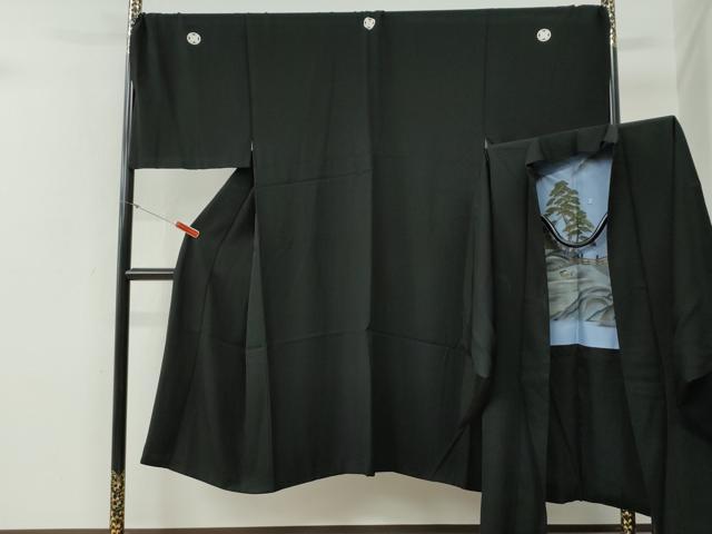 平和屋着物●男性 黒紋付 羽織セット 羽裏:人物渡り橋風景文 キングサイズ 正絹 逸品 CABG0186yc