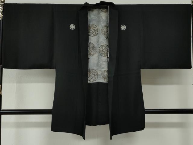 平和屋着物●男性 黒紋付 羽織セット 羽裏:立波鳳凰 正絹 逸品 CABG0189yc