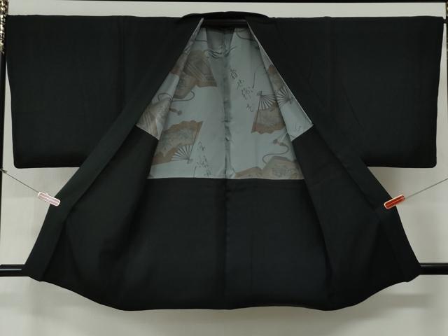 平和屋着物●男性 黒紋付 羽織セット 羽裏:扇・硯 正絹 逸品 CABG0190yc